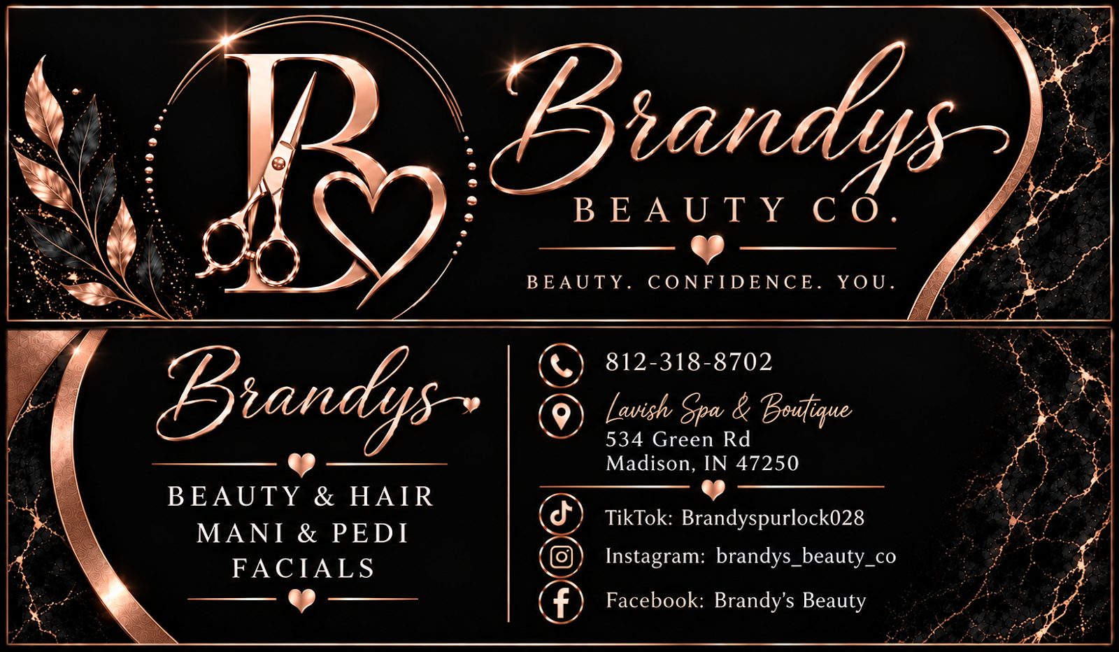 Brandy's Beauty Co. business card in rose gold on black: Beauty & Hair, Mani & Pedi, Facials; Lavish Spa & Boutique, 534 Green Rd